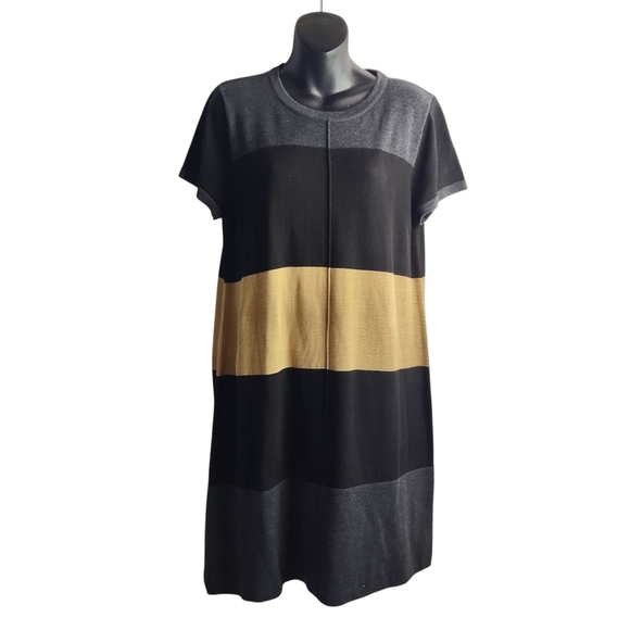 Calvin Klein Color Block Body Con Short Sleeve Sweater Dress Black Tan Gray Sz L - Picture 1 of 6